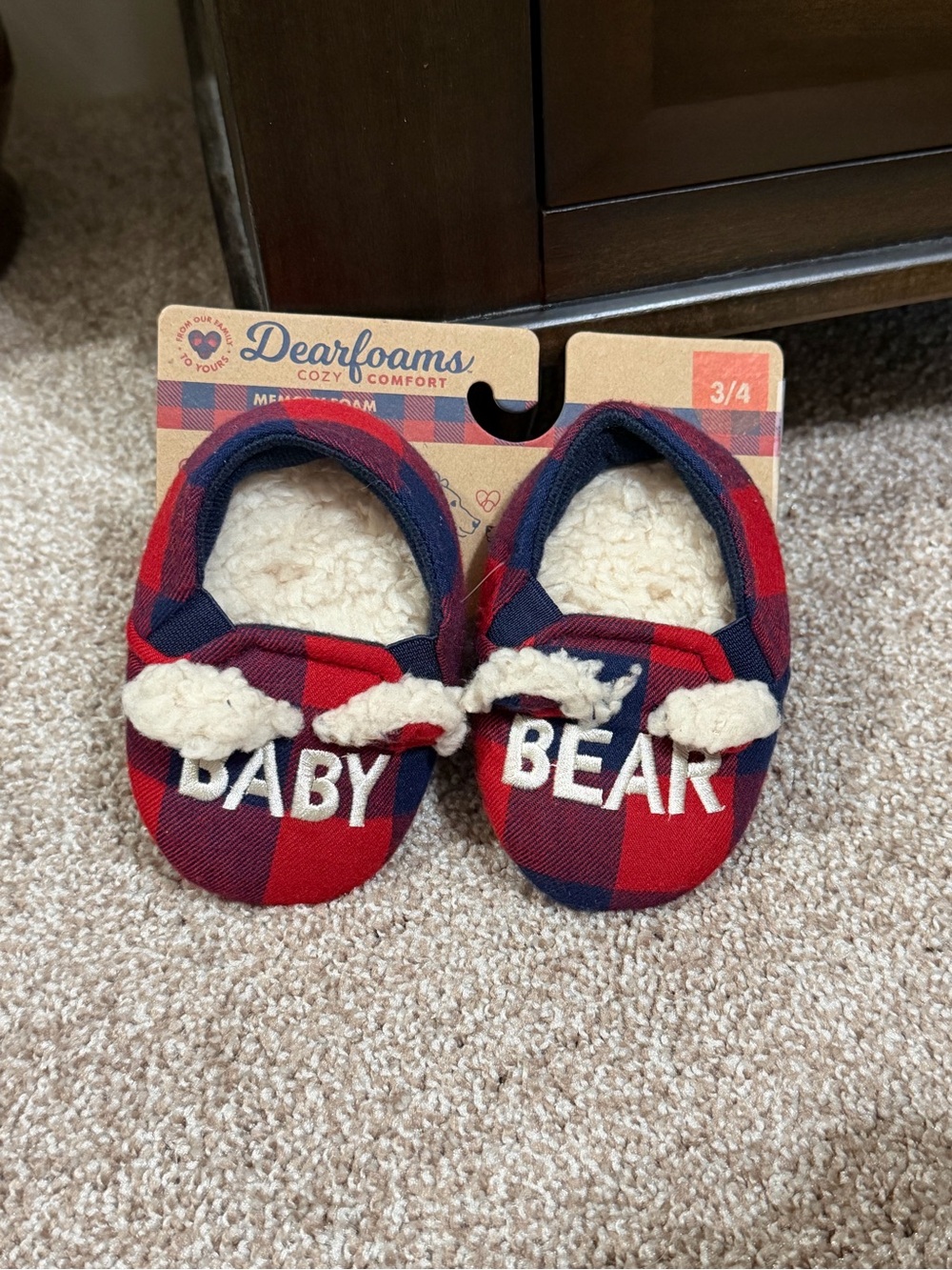 Dearfoams Baby Bear Red Plaid Slippers size 3/4